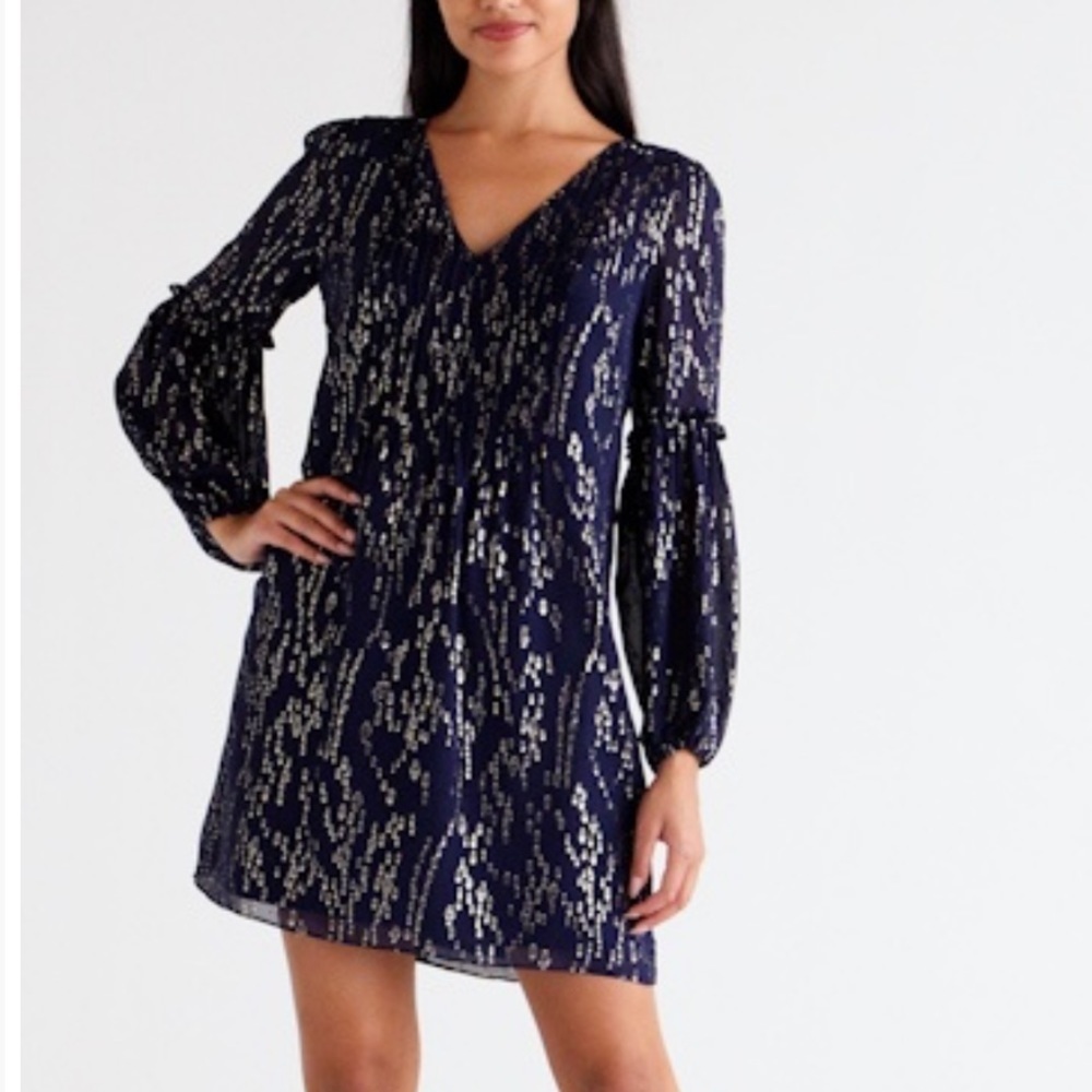 NWT Lilly Pulitzer Cleme Long Sleeve Silk Blend Dress True Navy Blue Gold
